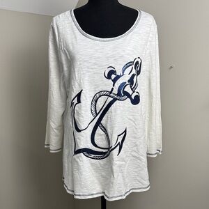 Zenergy by Chico’s Nautical Anchor Print Long Sleeve Top - White & Navy Blue